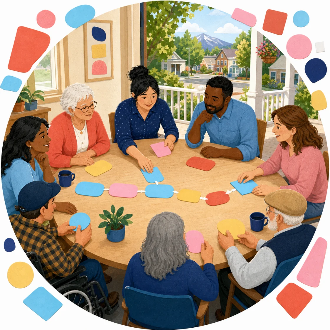 Neighbors arranging colorful planning pieces together around a round table
