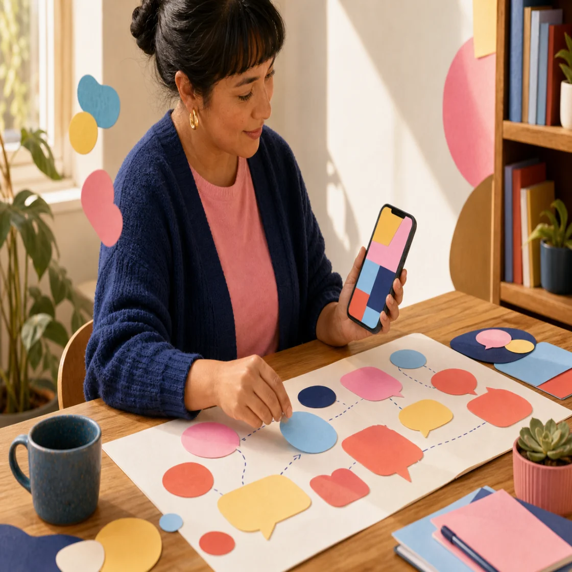 A person using a phone while arranging colorful planning pieces
