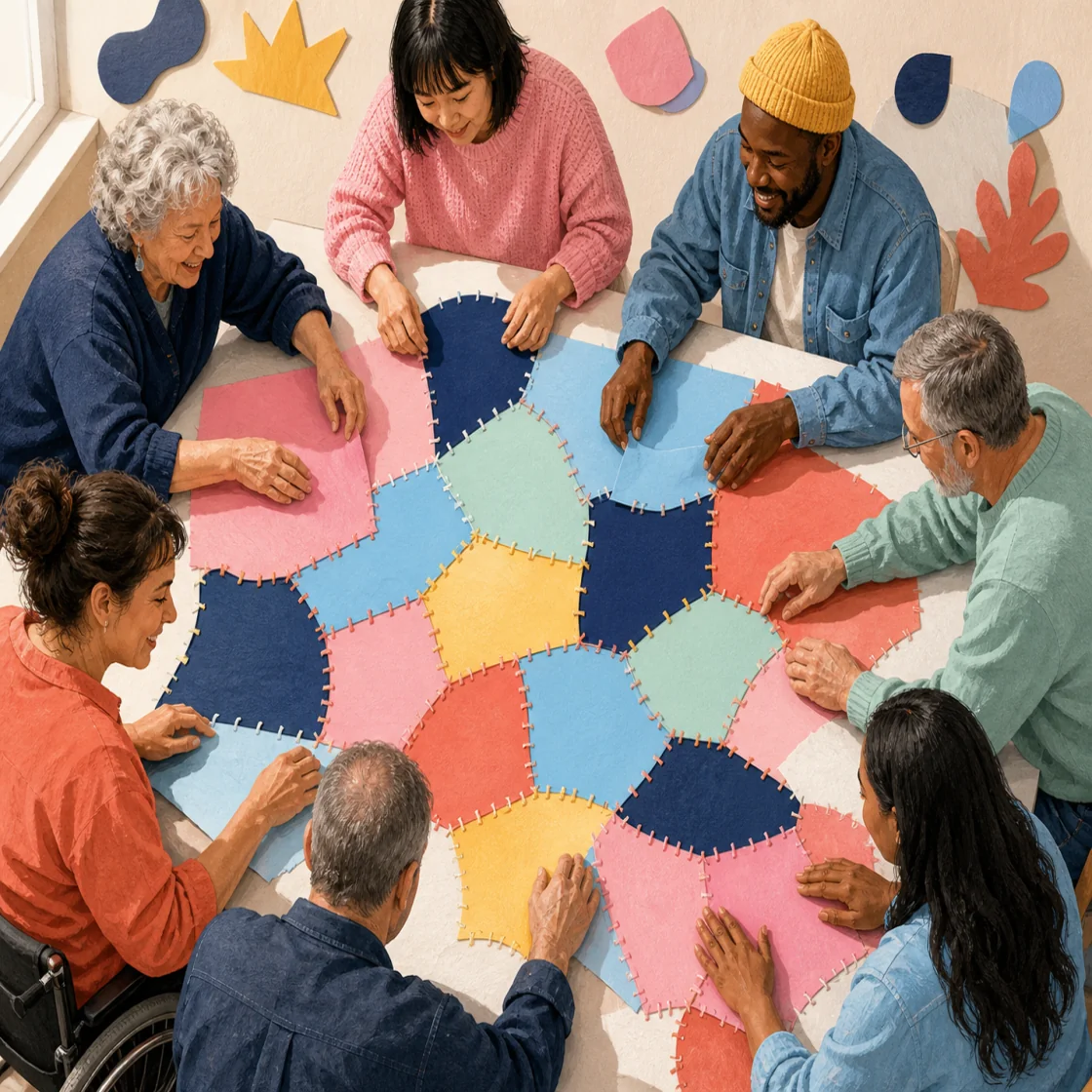 Hands arranging a stitched quilt of colorful planning patches