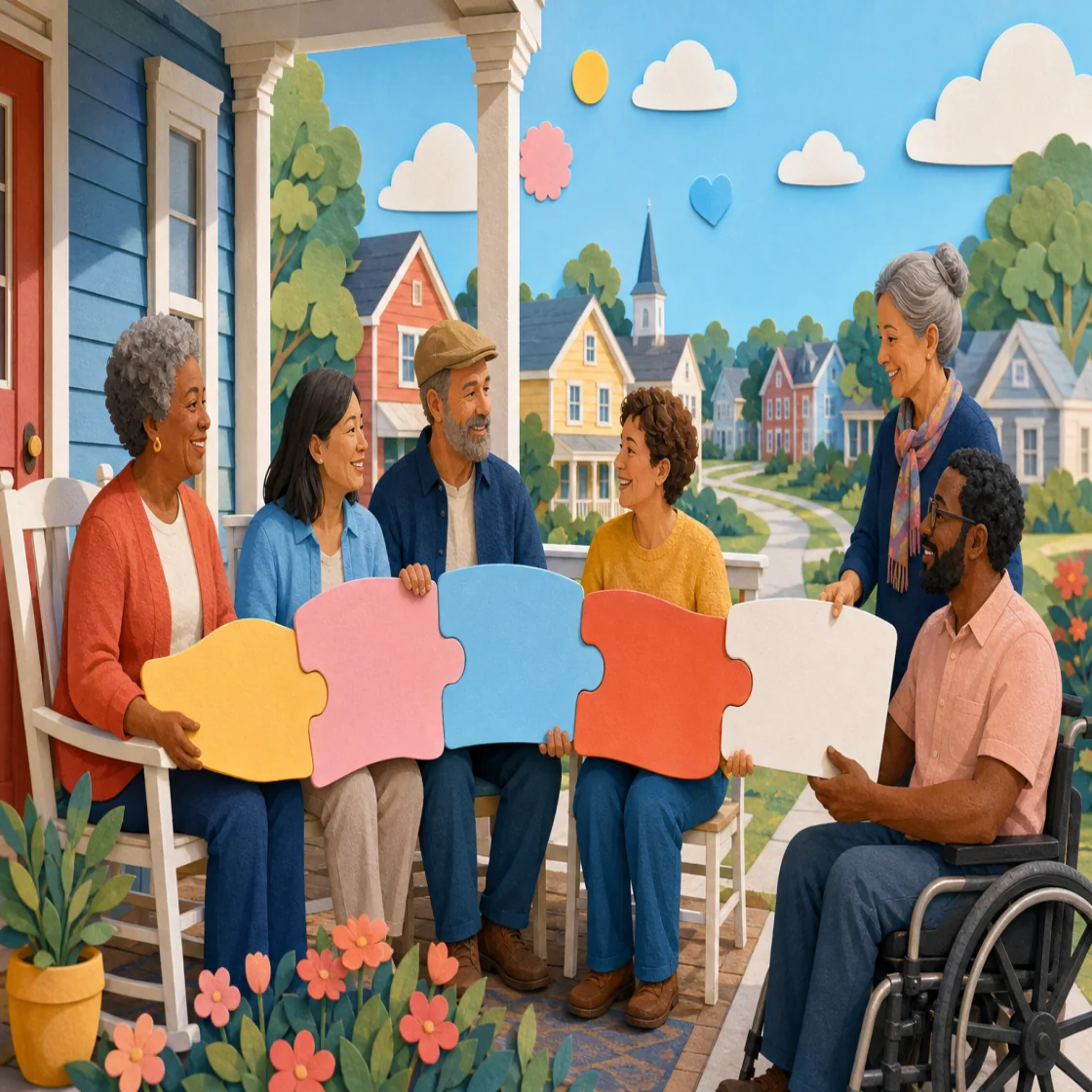 Neighbors carrying a colorful planning path forward together